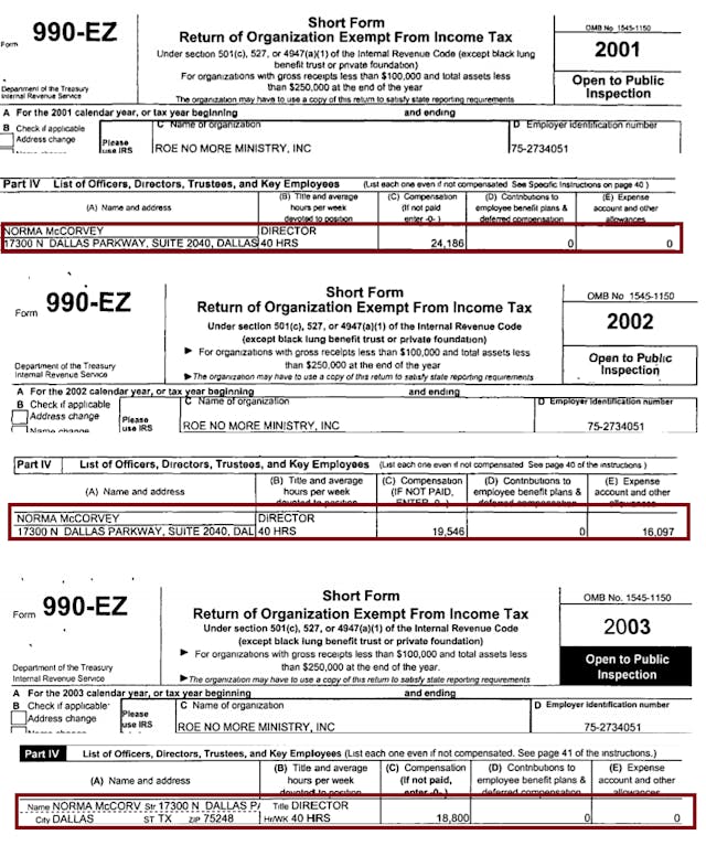 Norma McCorvey Roe V Wade compensation 990 2001 to 2003 Image: Norma McCorvey Roe V Wade compensation 990 2001 to 2003