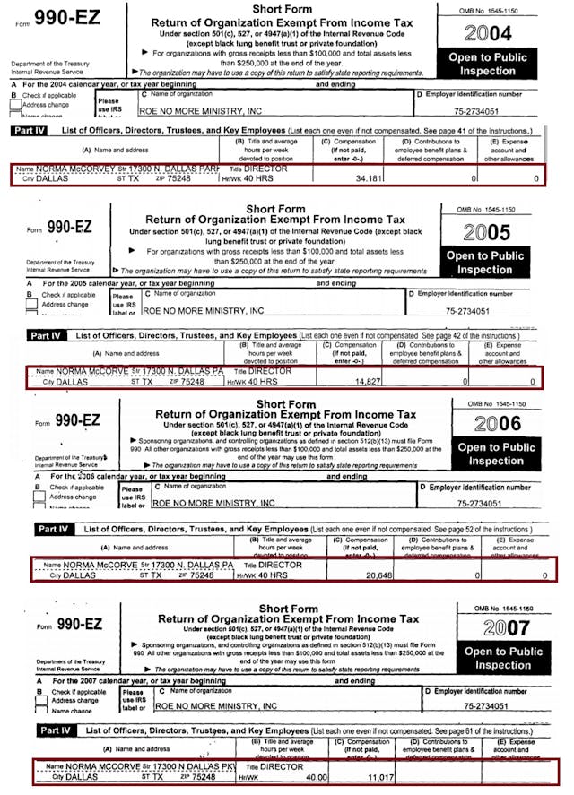 Norma McCorvey Roe V Wade compensation 990 2004 to 2007 Image: Norma McCorvey Roe V Wade compensation 990 2004 to 2007
