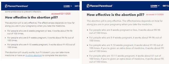 Image: Planned Parenthood abortion pill failure rate comparison Feb 2020 to May 2020