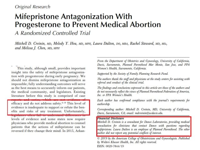 APR Study authored by Mitchell Creinin funded by abortion pill mfg Danco and Planned Parenthood employee Laura Dalton Image: APR Study authored by Mitchell Creinin funded by abortion pill mfg Danco and Planned Parenthood employee Laura Dalton