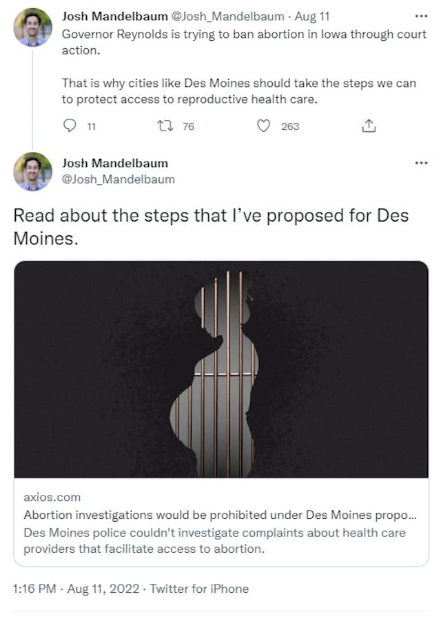 Iowa City Councilman proposes abortion resolution prohibiting police investigations (Image: Twitter) Image: Iowa City Councilman proposes abortion resolution prohibiting police investigations (Image: Twitter)