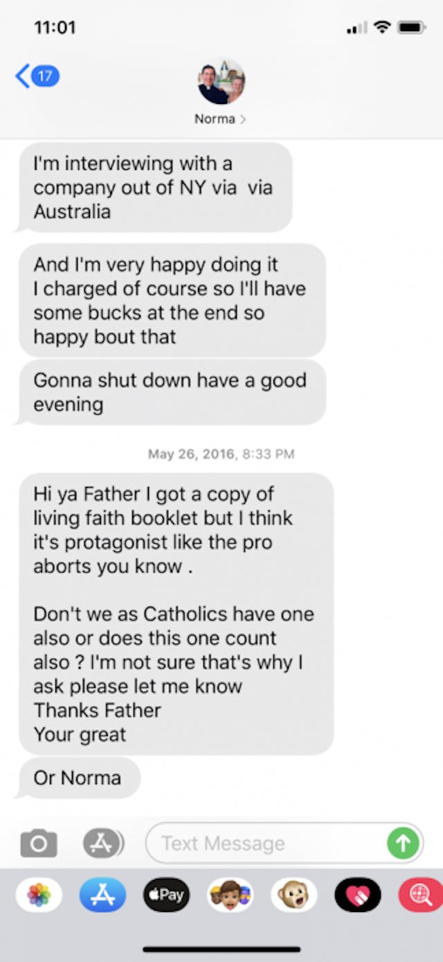 Text message from Norma McCorvey to Father Frank Pavone in May 2016. Text message from Norma McCorvey to Father Frank Pavone in May 2016.