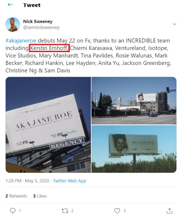 Nick Sweeney tweet Kerstin Emhoff Daughter of Kamala Harris tied to Jane Roe FX Film (Image: Twitter) Image: Nick Sweeney tweet Kerstin Emhoff Daughter of Kamala Harris tied to Jane Roe FX Film (Image: Twitter)