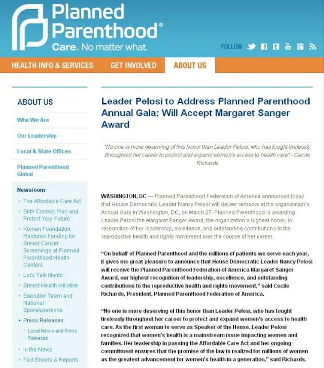 Nancy Pelosi receives Margaret Sanger Award Planned Parenthood founder Margaret Sanger spoke to the Ku Klux Klan and supported eugenics. So why does the organization still honor her? image