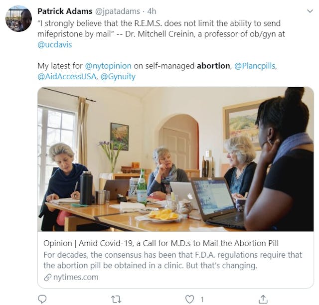Patrick Adams cites Mitchell Creinin who is funded by abortion pill mfg Danco in NYTs article (Image: Twitter) Image: Patrick Adams cites Mitchell Creinin who is funded by abortion pill mfg in NYTs article (Image: Twitter)