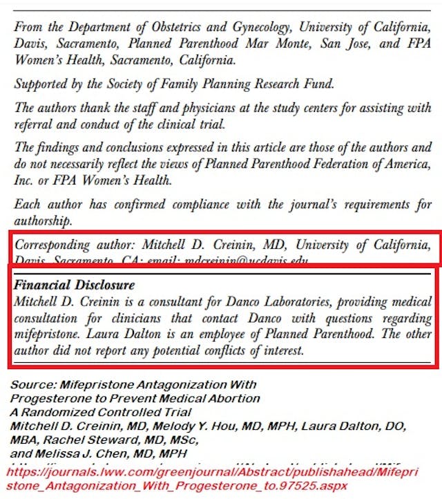Mitchell D Creinin financial conflicts from Danco abortion pill MFG APR Study Image: Mitchell D Creinin financial conflicts from Danco abortion pill MFG APR Study