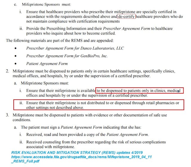 Image: FDA REMS for abortion pill Mifepristone excerpt
