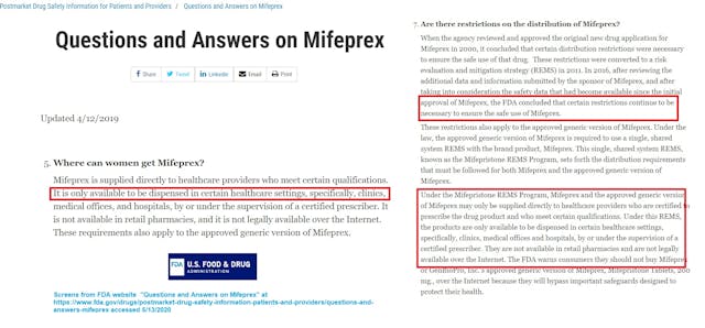 Image: FDA website shows abortion pills can only be dispensed in a clinic or HC facility