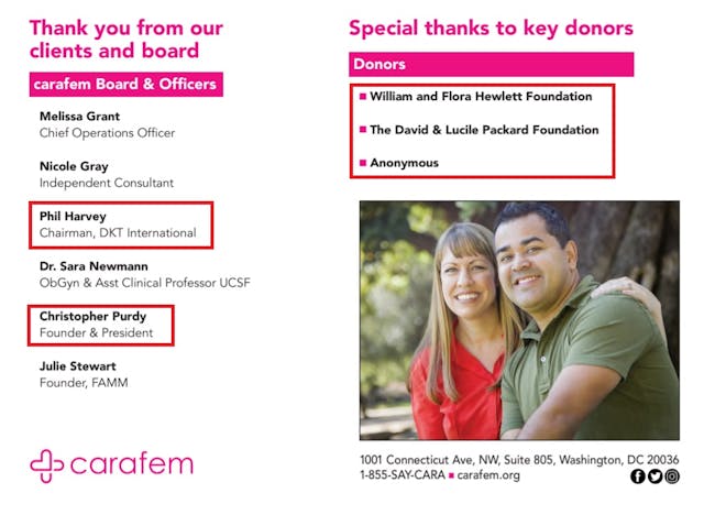 Image: Carafem abortion chain 2019 Annual Report shows DKT Intl staff and funding from Packard Hewlett foundation