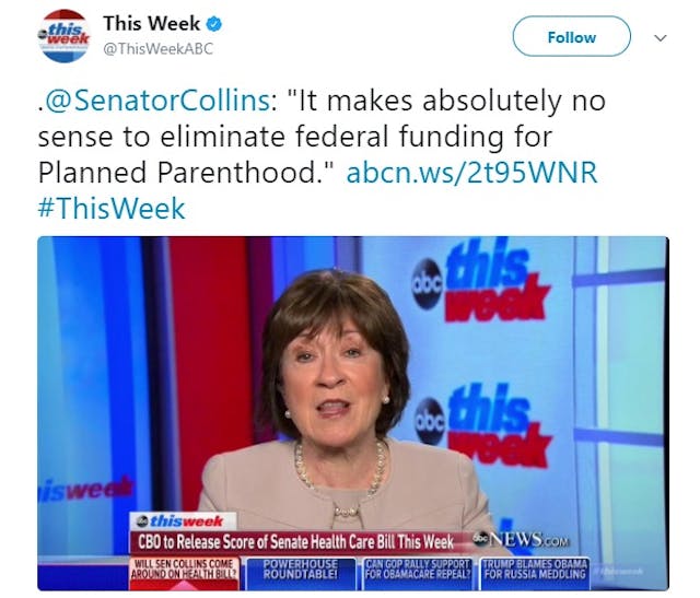 Maine Senator Susan Collins defends Planned Parenthood Why did Senator Susan Collins vote to continue funding Planned Parenthood, when its health care services have been plummeting for a decade? image
