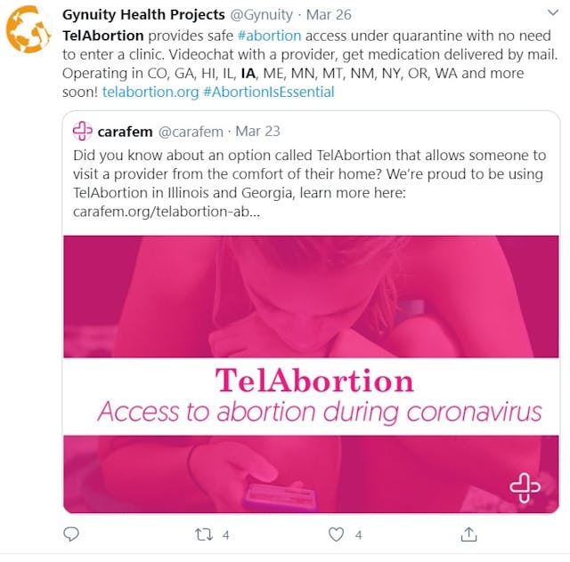 Gynuity tweets additional TalAbortion states (Image: Twitter) Image: Gynuity tweets additional TalAbortion states (Image: Twitter)