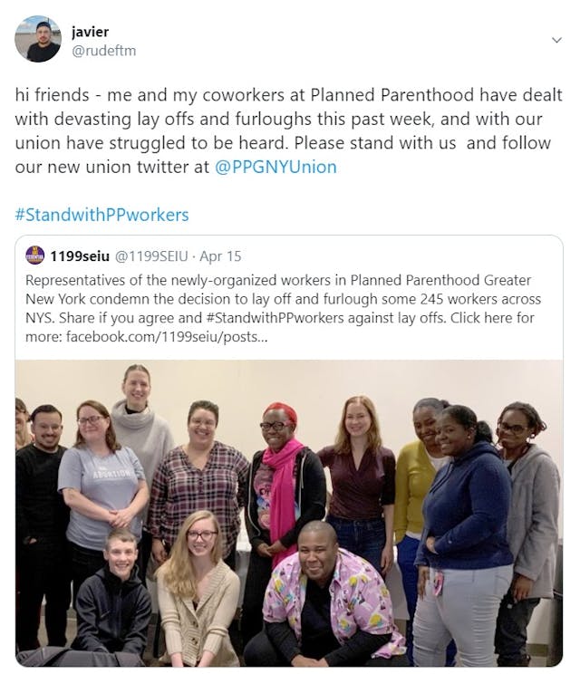 Planned Parenthood staffer on lays offs in NY (Image: Twitter) Image: Planned Parenthood staffer on lays offs in NY (Image: Twitter)