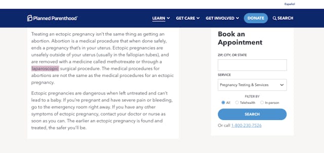 Screenshot: Even Planned Parenthood knows ectopic pregnancy treatment isn’t abortion image