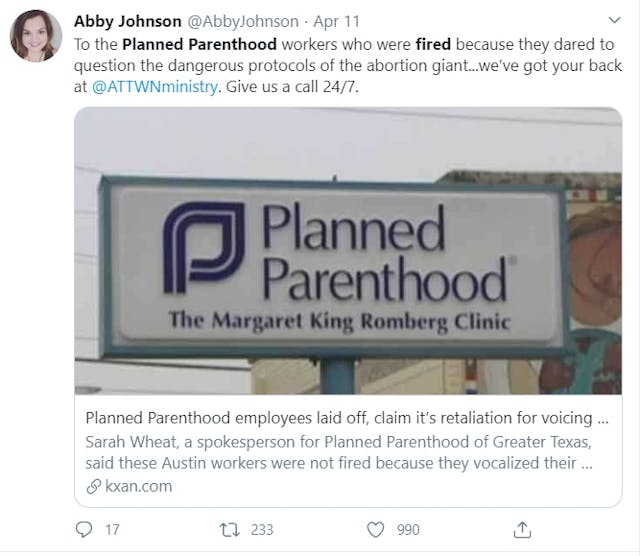 Abby Johnson responds to fired Planned Parenthood staffers (Image: Twitter) Image: Abby Johnson responds to fired Planned Parenthood staffers (Image: Twitter)