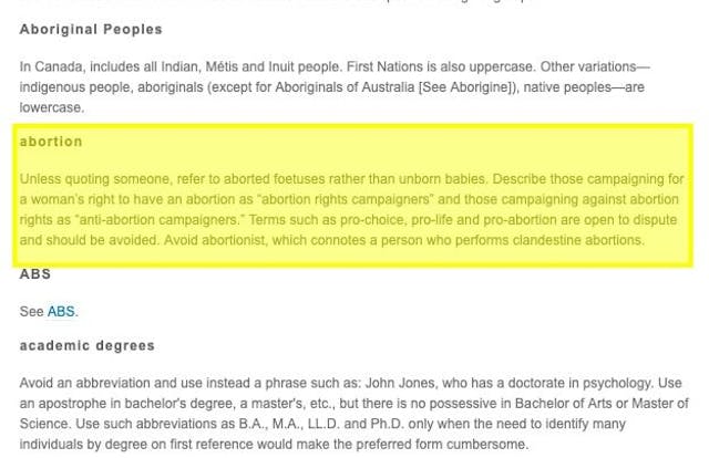 Reuters guide screenshot “abortion” Biased Reuters refers to fetal pigs as ‘babies’ but won’t do the same for preborn humans image