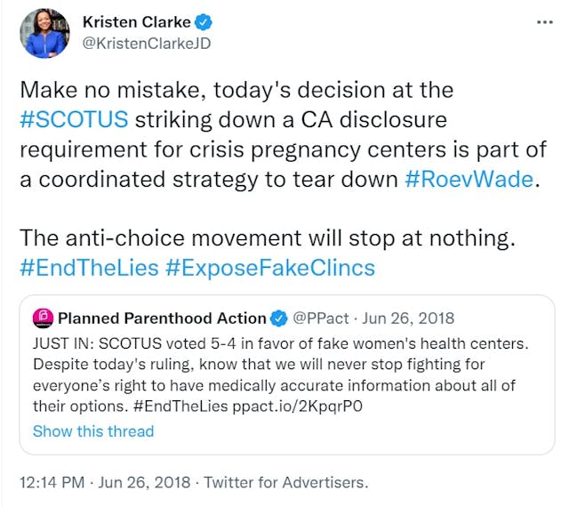 Office of Civil Rights Kristen Clarke calls pro-life pregnancy centers fake clinics (Image: Twitter) Image: Office of Civil Rights Kristen Clarke calls pro-life pregnancy centers fake clinics (Image: Twitter)