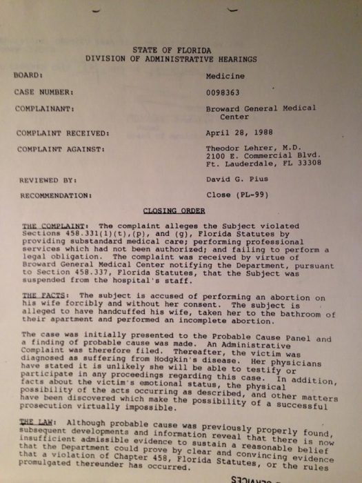 Image: Medical board complaint against Theodor Lehrer abortion doctor accused of forcing abortion