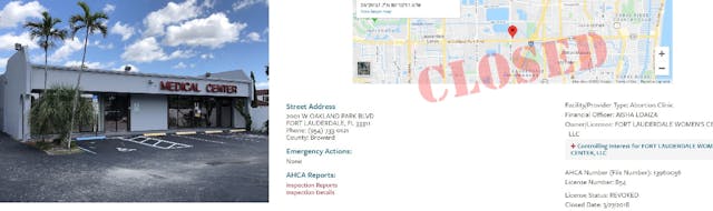 Image: Ft Lauderdale Womens abortion facility closed in 2018 owned by Pendergraft