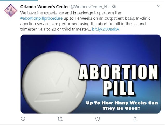 Image: Orlando Womens Center owned by Pendergraft tweet about the abortion pill (Image: Twitter)