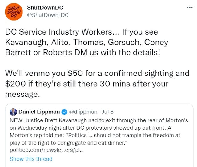 Abortion extremists ShutDownDC tweet bounty for tips on Supreme Court Justice locations (Image: Twitter)