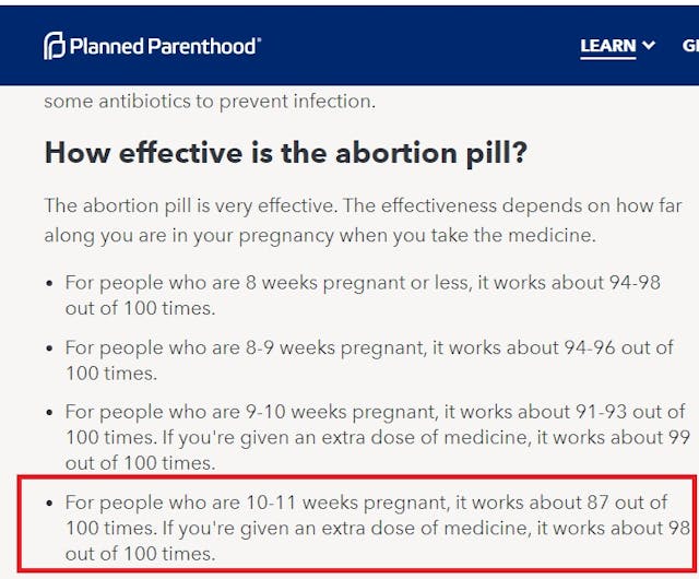Image: Planned Parenthood abortion failure rate updated to 77 days 11 weeks (PPFA website accessed 05072020)