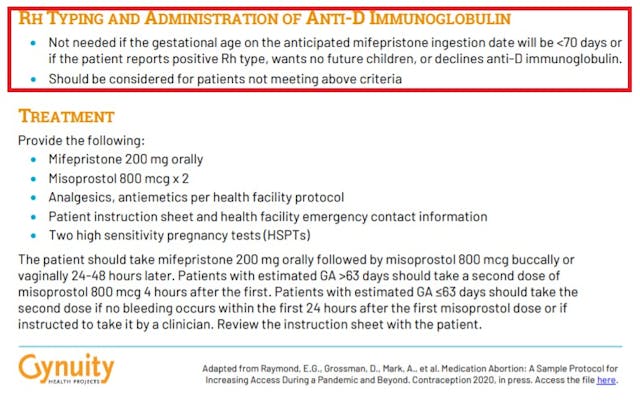 Gynuity no test abortion protocol commentary excludes Rh Testing Image: Gynuity no test abortion protocol commentary excludes RH Testing
