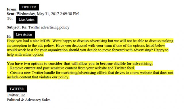 Live Action releases e-mails showing Twitter asking pro-life group to delete tweets it considers ‘offensive’ image