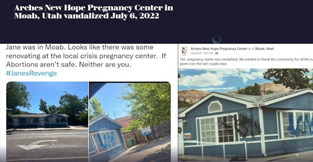 Arches New Hope Pregnancy Center Moab Utah vandalized Image: Arches New Hope Pregnancy Center Moab Utah vandalized