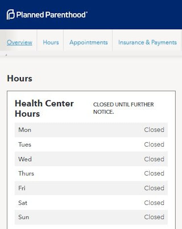 PP Closures screenshot from Californians for Life. planned parenthood