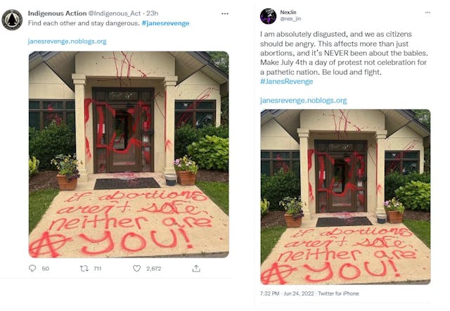 Image: June 25 2022 Janes Revenge message tweet stay dangerous protest on July 4