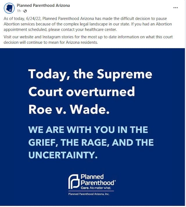 Planned Parenthood Arizona pauses abortions after Dobbs SCOTUS decision Image: Abortions halted at Planned Parenthood Arizona after Dobbs SCOTUS decision