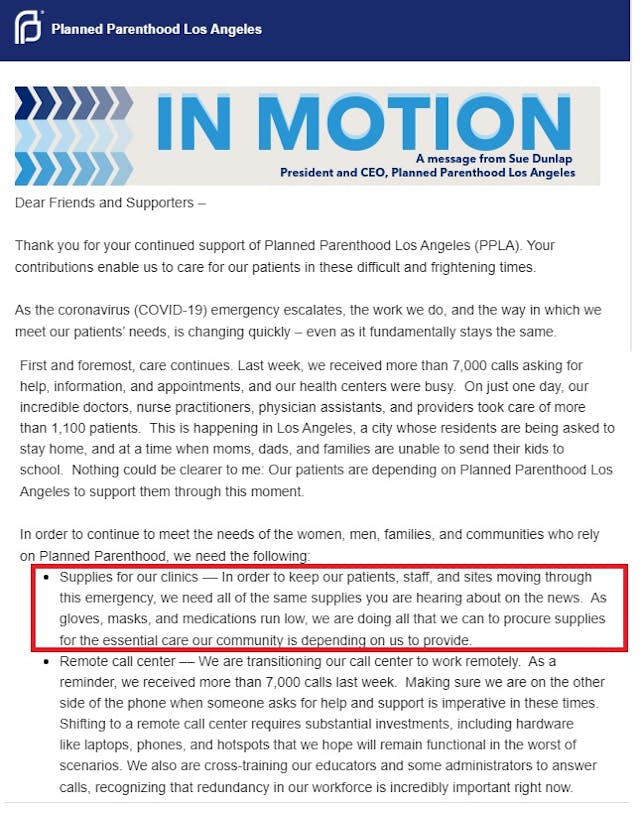 Planned Parenthood Los Angeles email asks for PPE during COVID19 Image: Planned Parenthood Los Angeles email asks for PPE during COVID19