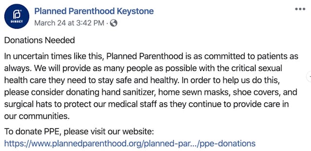 Planned Parenthood Keystone FB asks for PPE during COVID19 Image: Planned Parenthood Keystone FB asks for PPE during COVID19 1
