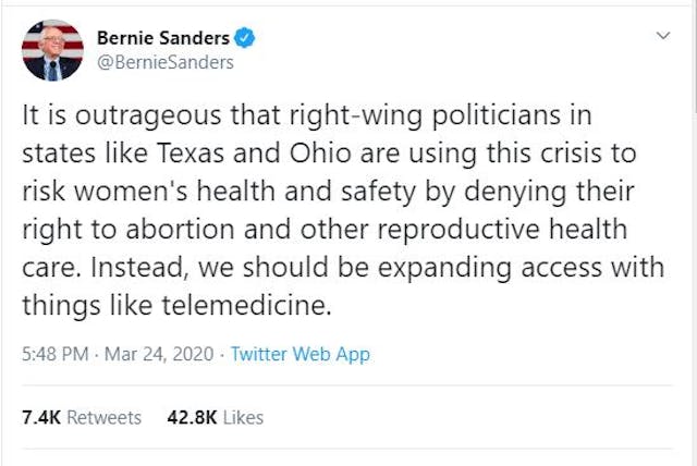 Bernie Sanders calls for expansion of abortion during COVID-19 pandemic image