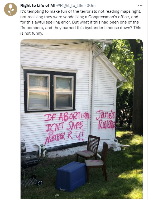 Image: Home near pro-life offices in Michigan targeted June 22 by pro-abortion zealots (Image: Twitter)