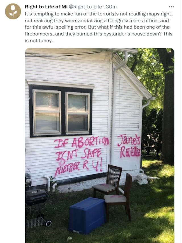 Home near pro-life offices in Michigan targeted June 22 by pro-abortion zealots (Image: Twitter) Image: Home near pro-life offices in Michigan targeted June 22 by pro-abortion zealots (Image: Twitter)