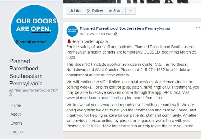 Image: Planned Parenthood SE FB closed for FP open for abortion visits COVID19 1