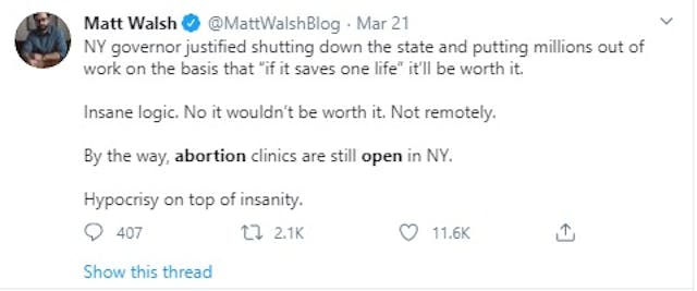Image: NY abortion remains open amidst COVID19 (Image: Matt Walsh on Twitter)