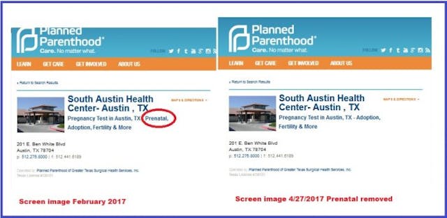 PP scrubs prenatal from S Austin website What options does Planned Parenthood offer pregnant women? Not what they advertise. image