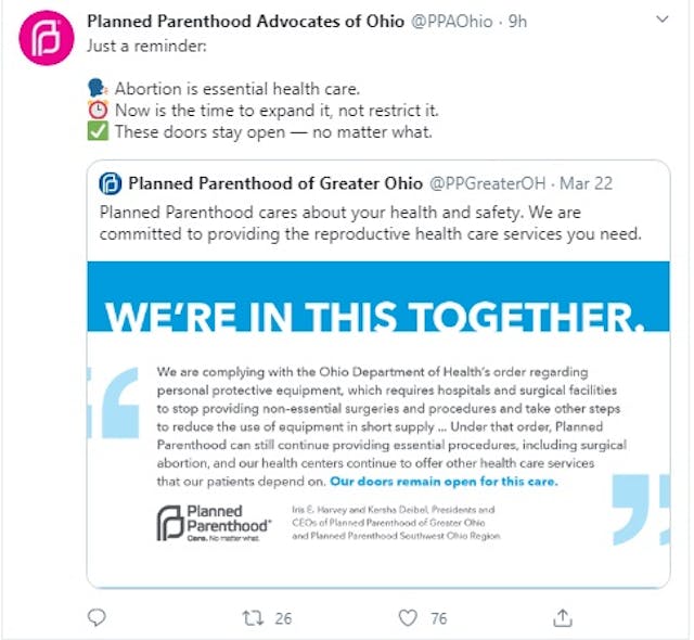 Planned Parenthood defies Ohio order on elective procedures during COVID19 to continue abortion (Image: Twitter) Image: Planned Parenthood defies Ohio order on elective procedures during COVID19 to continue abortion (Image: Twitter)