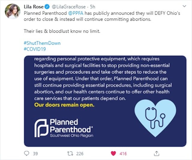 Planned Parenthood defies Ohio order on elective abortion procedures during COVID19 (Image: Lila Rose on Twitter) Image: Planned Parenthood defies Ohio order on elective abortion procedures during COVID19 (Image: Lila Rose on Twitter)
