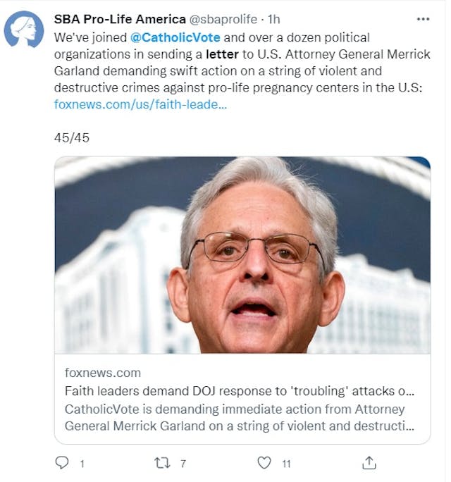 Pro-life groups and faith leaders demand US AG respond to pro-abortion terrorism (Image: Twitter) Image: Pro-life groups and faith leaders demand US AG respond to pro-abortion terrorism (Image: Twitter)