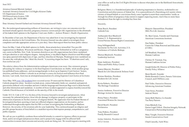 Letter to U.S. Attorney General Merrick Garland about proabortion terrorism Image: Letter to U.S. Attorney General Merrick Garland about proabortion terrorism