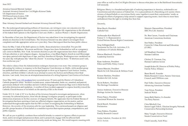 Image: Letter to U.S. Attorney General Merrick Garland about proabortion terrorism