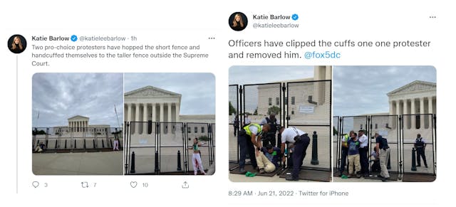 Abortion protesters handcuff themselves to the Supreme Court Fence June 22 (Images: Katie Barlow Twitter) Image: Abortion protesters handcuff themselves to the Supreme Court Fence June 22 (Images: Katie Barlow Twitter)