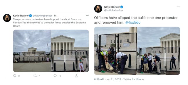 Image: Abortion protesters handcuff themselves to the Supreme Court Fence June 22 (Images: Katie Barlow Twitter)