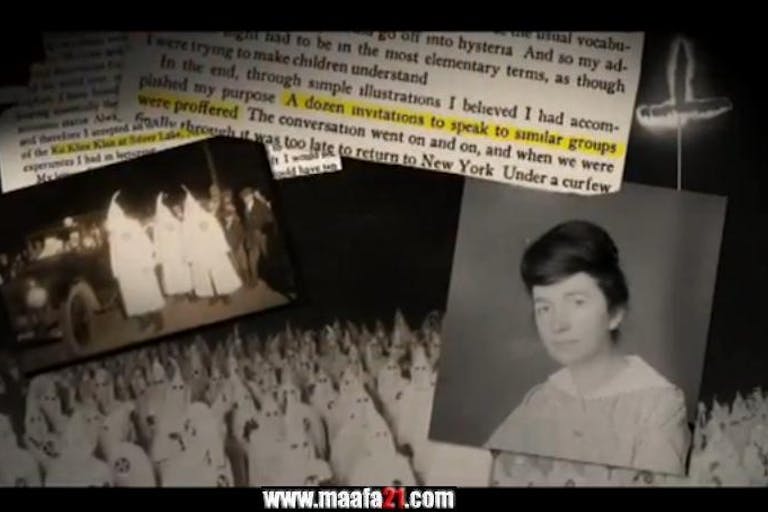 Margaret Sanger writes about Klan meeting in Autobiography (Image credit: Maafa21) Image: Margaret Sanger meets with Klan from film Maafa21