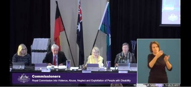 Commissioners, including Ronald Sackville, listen to during the inquiry. Live feed of the inquiry is . via Royal Commission into Violence, Abuse, Neglect and Exploitation of People with Disability