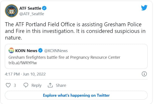 Gresham pro-life Pregnancy Center fire investigated by AFT (Image: Twitter) Image: Gresham pro-life Pregnancy Center fire investigated by AFT (Image: Twitter)