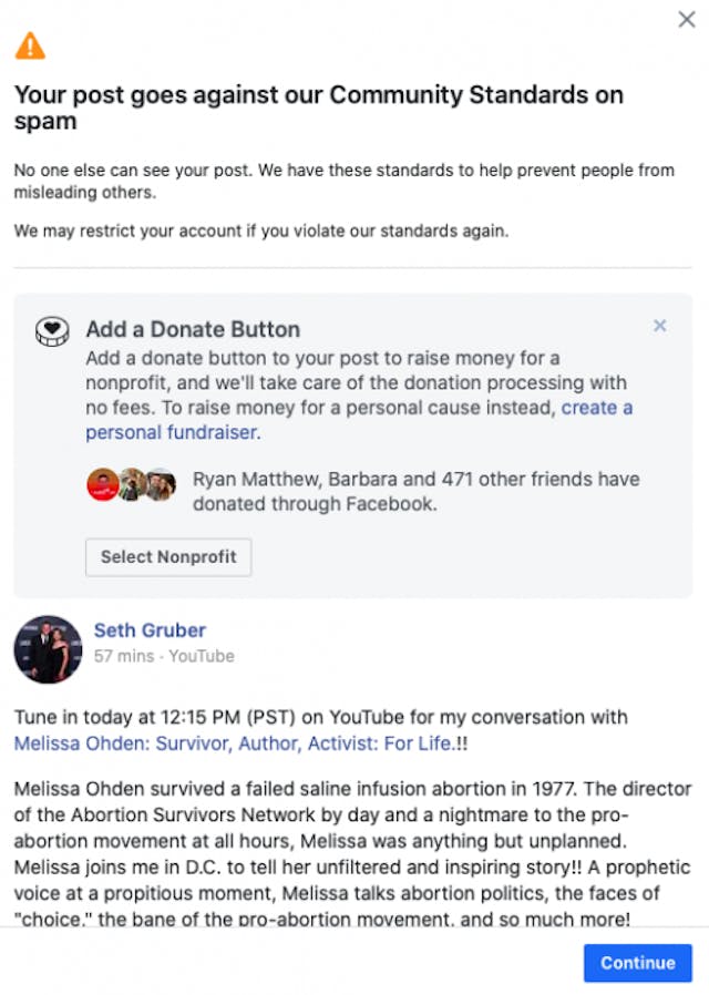 Censored Facebook post from Seth Gruber Facebook removes interview with abortion survivor, labels as ‘spam’ and ‘misleading others’ image